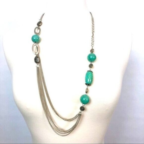 Women's Silver Faux & Chunky Turquoise Bead Necklace Size OS - Picture 1 of 5